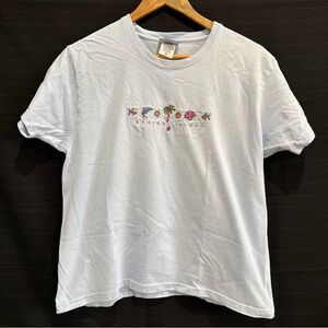 Vintage Sanibel Island Embroidered Blue Short Sleeve Cotton Shirt Womens Medium